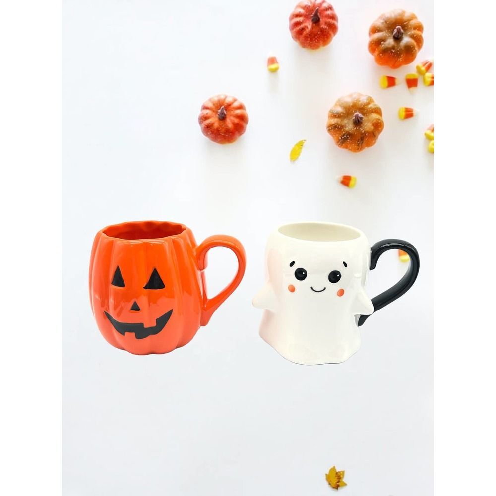 Lang Hand Painted Halloween  Jack O Lantern and Ghost Mugs Set Of 2
